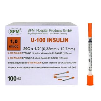 Шприц инсулиновый 1,0 мл со шкалой U-100 с интегрированной иглой 0,33мм х 12,7мм (29G), 100шт (SFM, Германия)