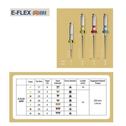 E-FLEX MINI ассортимент (17/08, 20/04, 25/04, 30/04) L=16мм, 4шт укороченные эндофайлы для детских зубов, Eighteeth